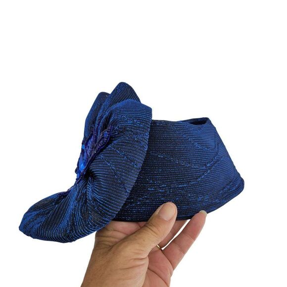 Vintage 80s Flapper Hat Blue Sparke Metallic Sequin 3D Flower Great Gatsby Glam - Picture 6 of 9